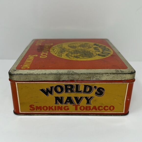 ANTIQUE~WORLD'S NAVY~PLUG SMOKING TOBACCO~3 LB. ADVERTISING LITHO TIN~QUEBEC - Picture 3 of 7